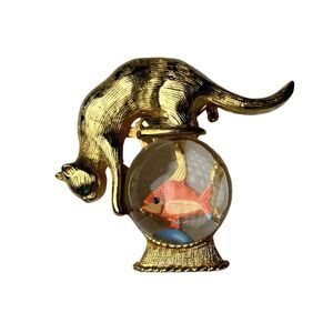 Gold Crown Cat And Fish Whimsical Brooch/Pin